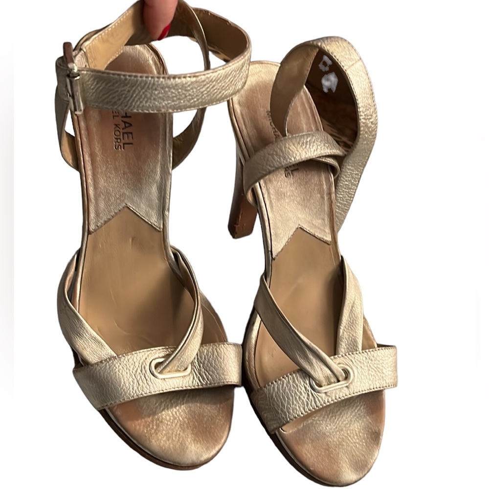 Micheal Kors size 10 silver genuine leather ankle wrap stacked heels